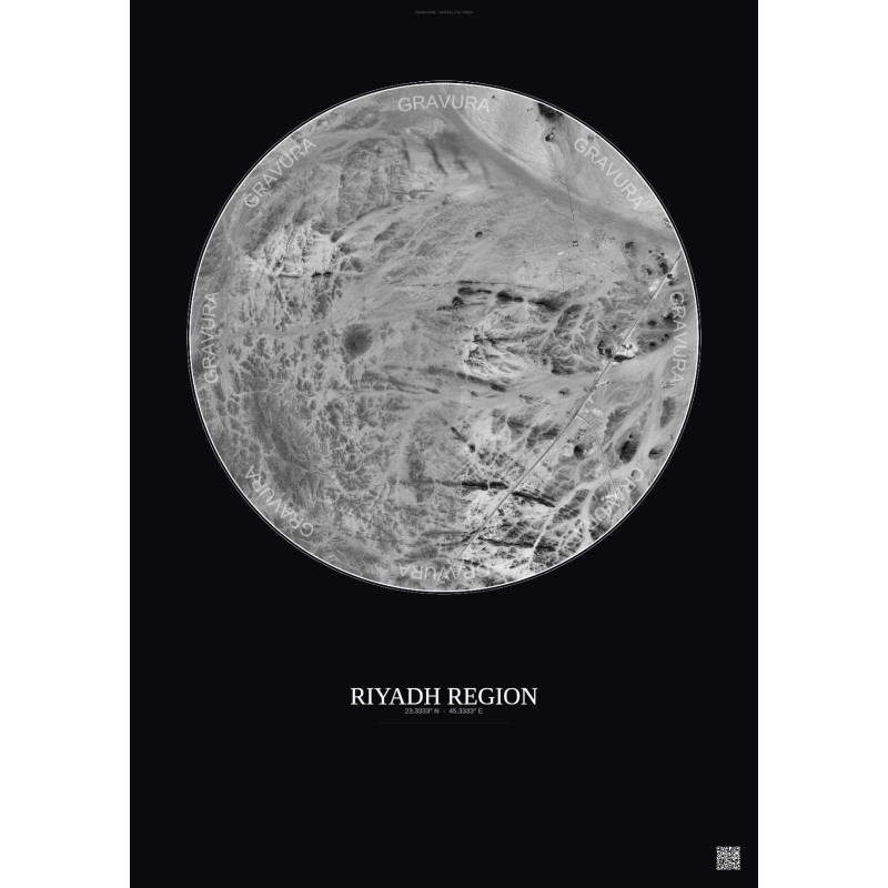 Affiche Riyadh Region – Poster vue satellite 10km N&B | Gravura – Fond foncé
