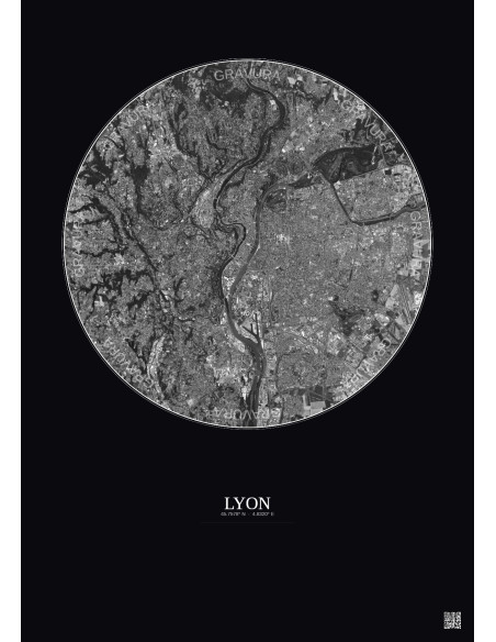 Lyon Satellite View Poster 10km B&W | Gravura – Dark background