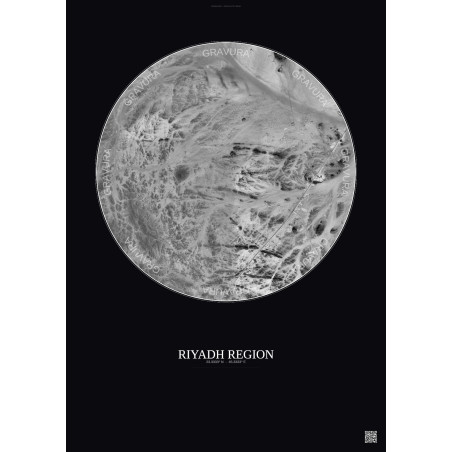 Affiche Riyadh Region – Poster vue satellite 10km N&B | Gravura – Fond foncé
