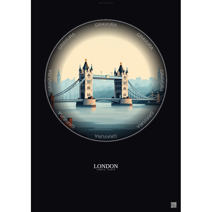Affiche London – Poster illustration vintage – Tower Bridge | Gravura – Fond foncé