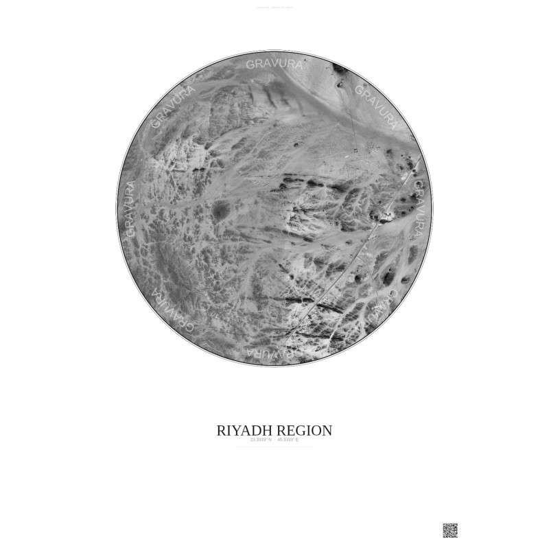 Affiche Riyadh Region – Poster vue satellite 10km N&B | Gravura – Fond clair