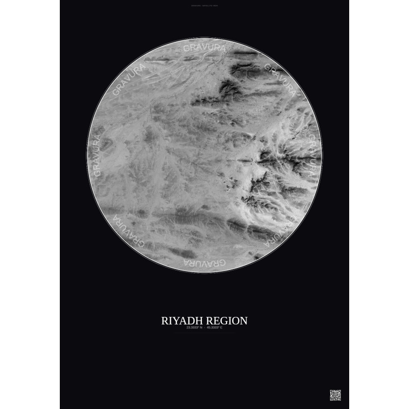 Affiche Riyadh Region – Poster vue satellite 2.5km N&B | Gravura – Fond foncé