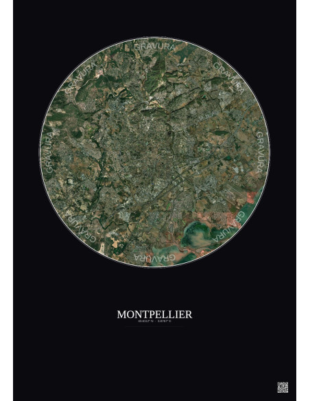 Affiche Montpellier – Poster vue satellite 10km Couleur | Gravura – Fond foncé