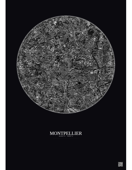 Affiche Montpellier – Poster vue satellite 2.5km N&B | Gravura – Fond foncé