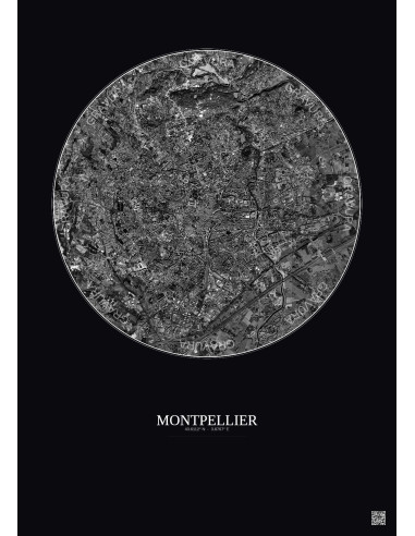 Affiche Montpellier – Poster vue satellite 5km N&B | Gravura – Fond foncé