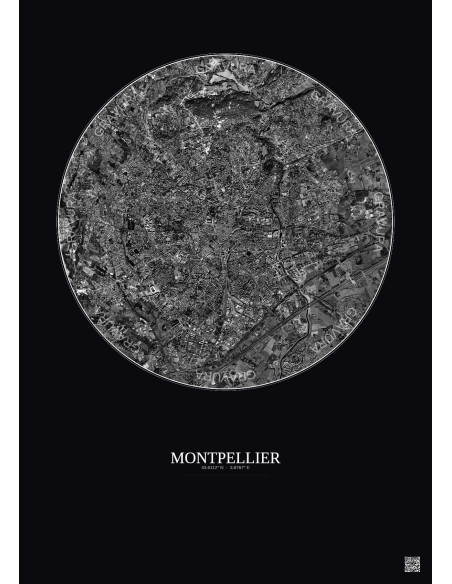 Affiche Montpellier – Poster vue satellite 5km N&B | Gravura – Fond foncé