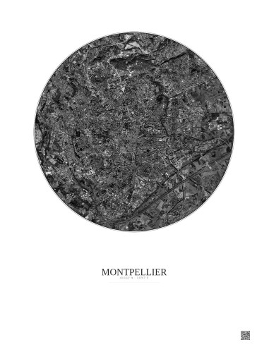 Affiche Montpellier – Poster vue satellite 5km N&B | Gravura – Fond clair