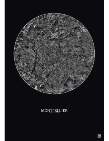 Affiche Montpellier – Poster vue satellite 10km N&B | Gravura – Fond foncé