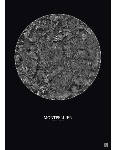 Affiche Montpellier – Poster vue satellite 10km N&B | Gravura – Fond foncé