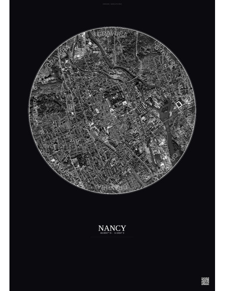 Affiche Nancy – Poster vue satellite 2.5km N&B | Gravura – Fond foncé