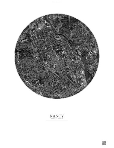 Affiche Nancy – Poster vue satellite 2.5km N&B | Gravura – Fond clair