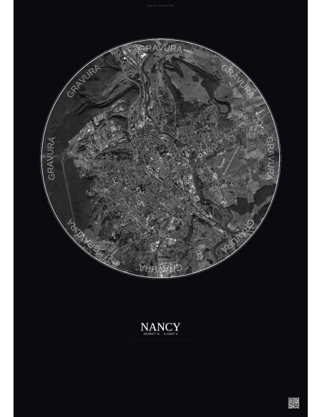 Affiche Nancy – Poster vue satellite 6km N&B | Gravura – Fond foncé