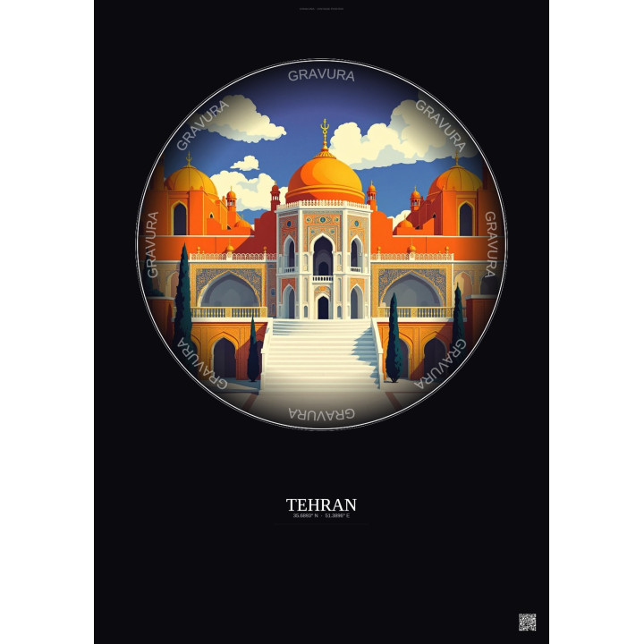 Affiche Tehran – Poster illustration vintage – Golestan Palace | Gravura – Fond foncé