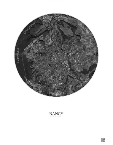 Affiche Nancy – Poster vue satellite 6km N&B | Gravura – Fond clair