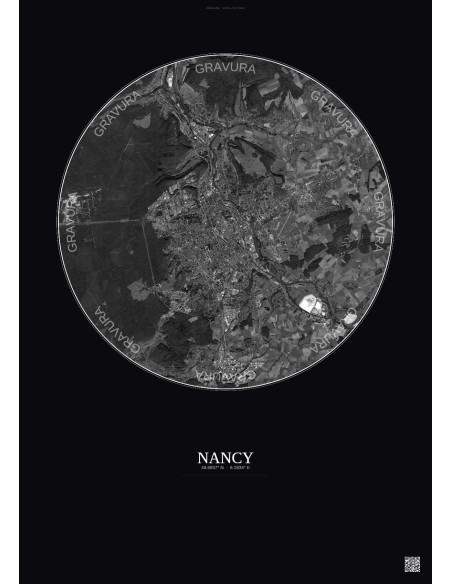Nancy Satellite View Poster 10km B&W | Gravura – Dark background