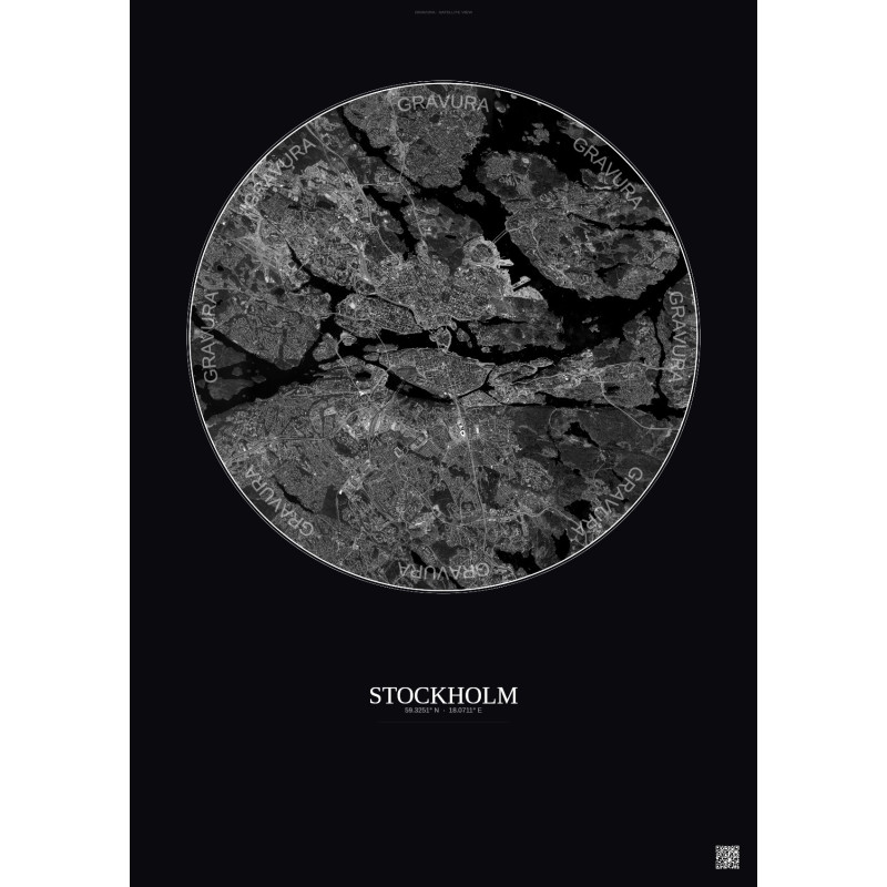 Affiche Stockholm – Poster vue satellite 10km N&B | Gravura – Fond foncé