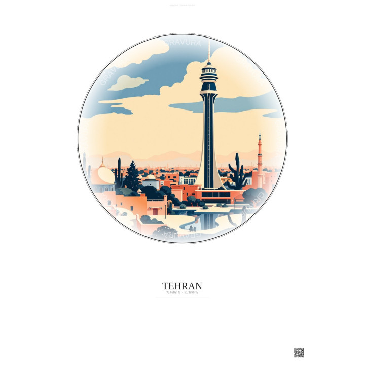 Affiche Tehran – Poster illustration vintage – Milad Tower | Gravura – Fond clair