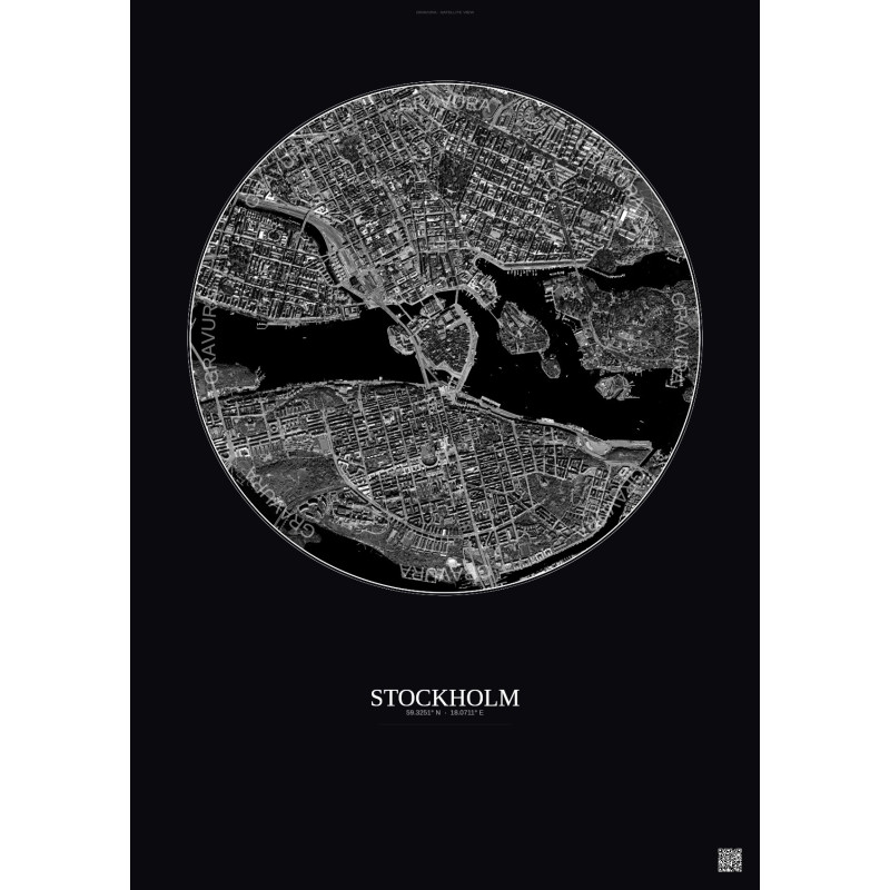 Affiche Stockholm – Poster vue satellite 2.5km N&B | Gravura – Fond foncé