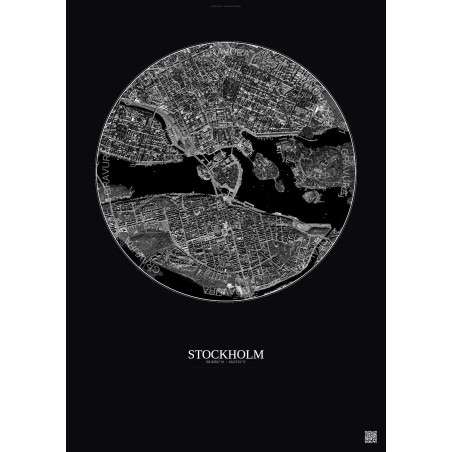 Affiche Stockholm – Poster vue satellite 2.5km N&B | Gravura – Fond foncé