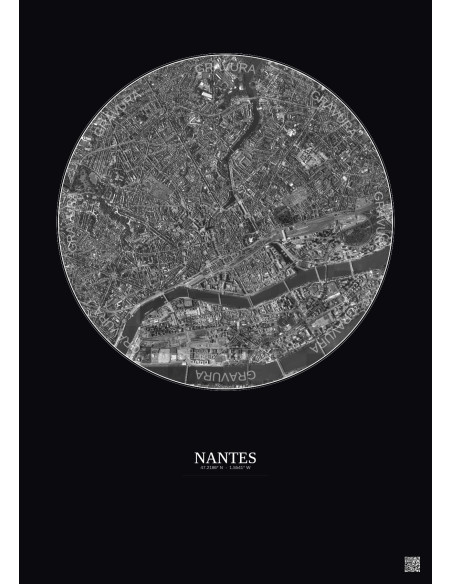 Affiche Nantes – Poster vue satellite 2.5km N&B | Gravura – Fond foncé