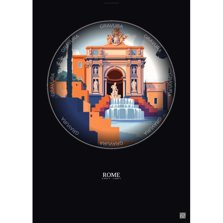 Affiche Rome – Poster illustration vintage – Trevi Fountain | Gravura – Fond foncé