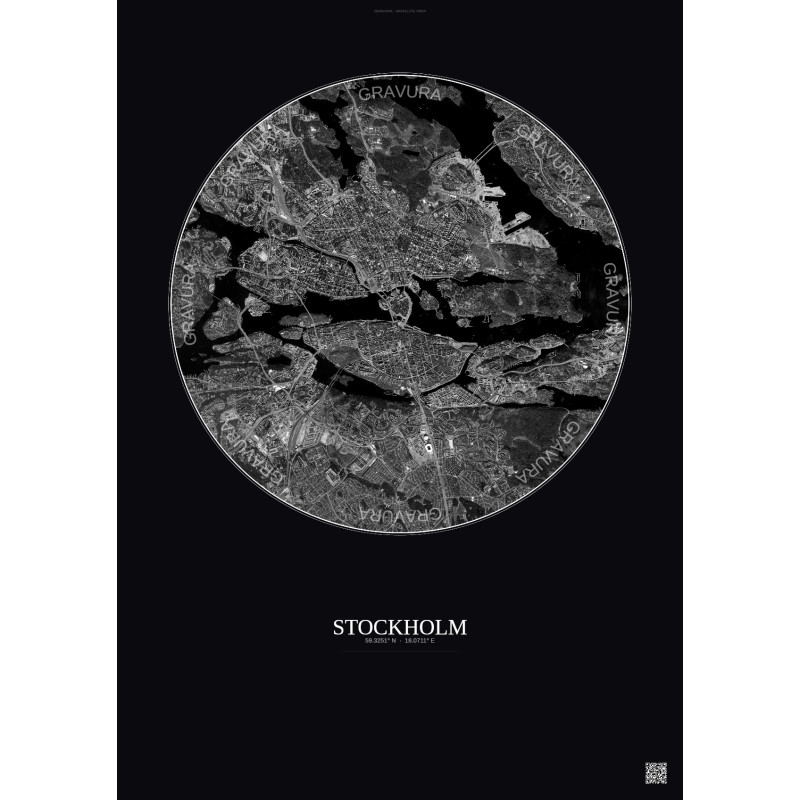 Affiche Stockholm – Poster vue satellite 6km N&B | Gravura – Fond foncé