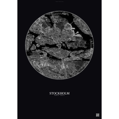 Affiche Stockholm – Poster vue satellite 6km N&B | Gravura – Fond foncé
