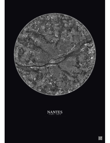 Affiche Nantes – Poster vue satellite 10km N&B | Gravura – Fond foncé