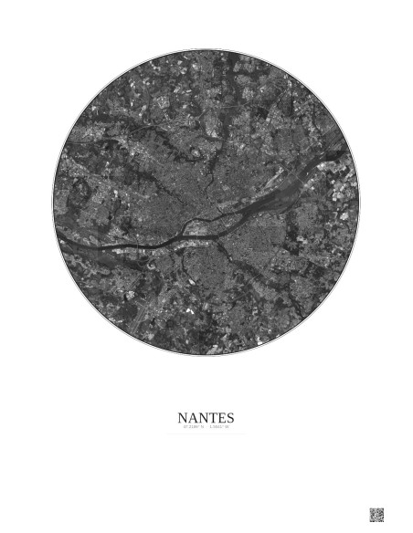 Affiche Nantes – Poster vue satellite 10km N&B | Gravura – Fond clair
