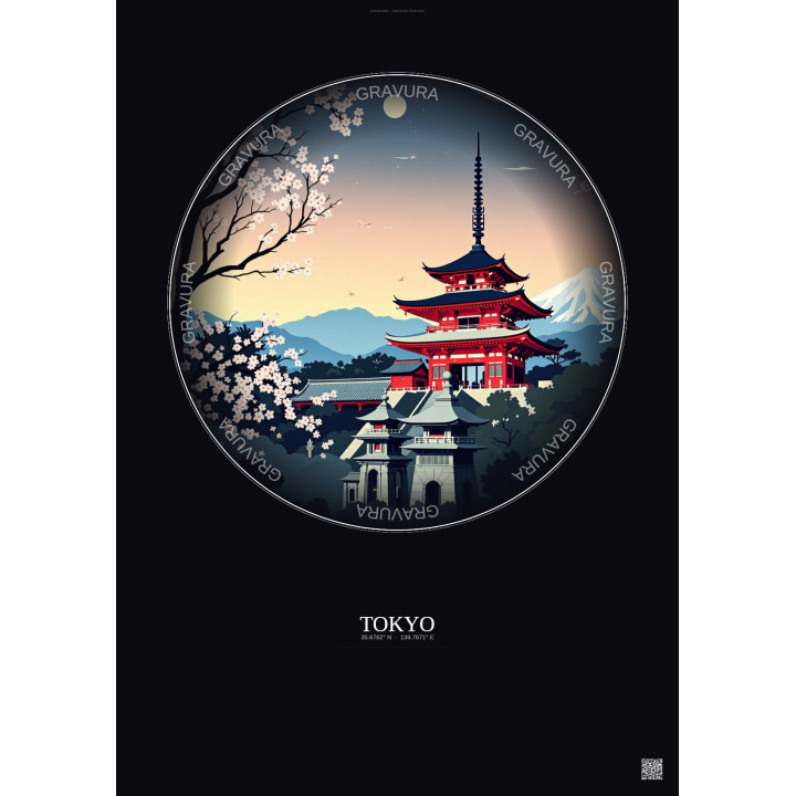 Affiche Tokyo – Poster illustration vintage – Senso Ji Temple | Gravura – Fond foncé