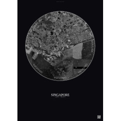 Affiche Singapore – Poster vue satellite 10km N&B | Gravura – Fond foncé