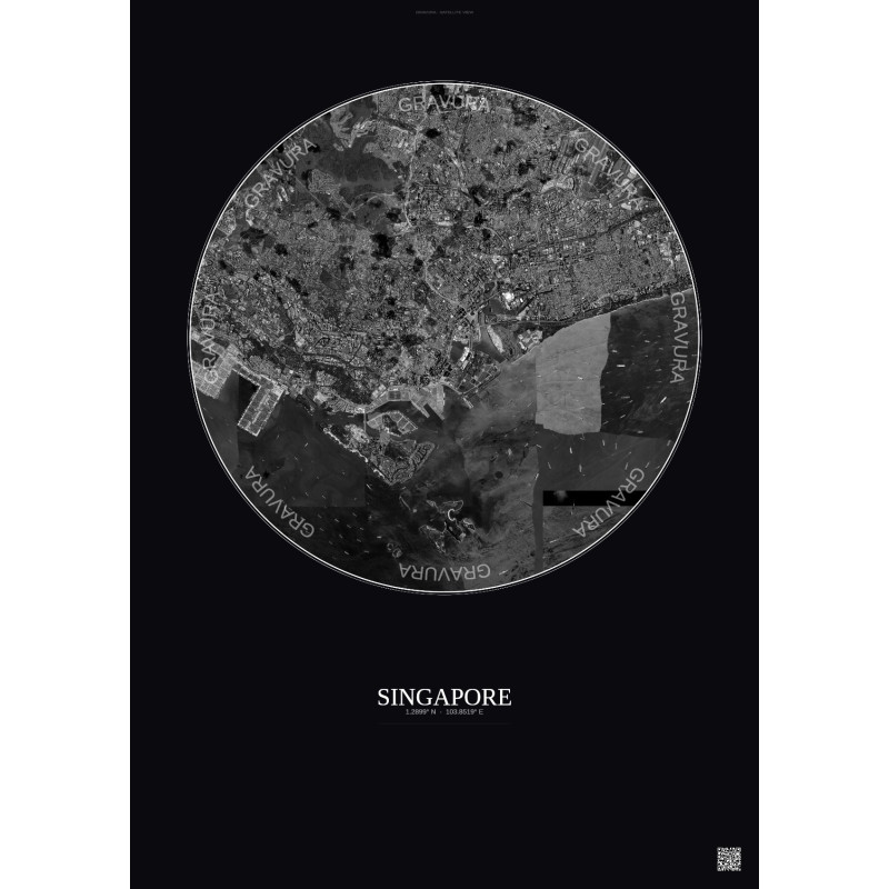 Affiche Singapore – Poster vue satellite 10km N&B | Gravura – Fond foncé