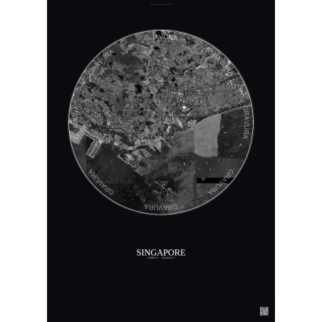 Affiche Singapore – Poster vue satellite 10km N&B | Gravura – Fond foncé