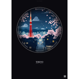 Affiche Tokyo – Poster illustration vintage – Tokyo Tower | Gravura – Fond foncé