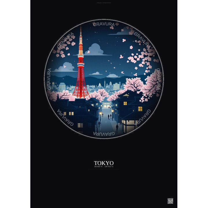 Affiche Tokyo – Poster illustration vintage – Tokyo Tower | Gravura – Fond foncé