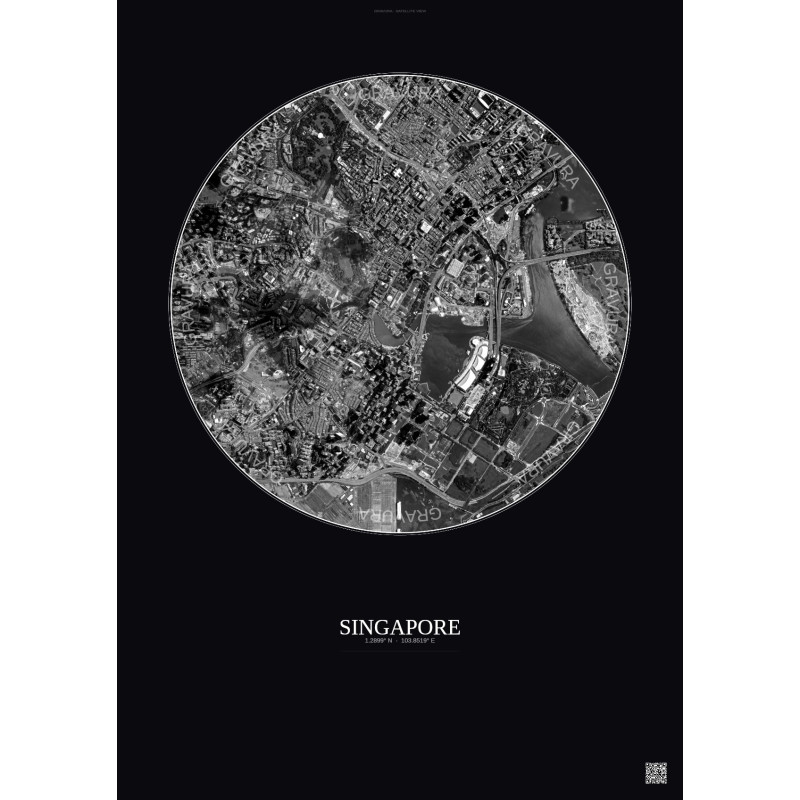 Affiche Singapore – Poster vue satellite 2.5km N&B | Gravura – Fond foncé