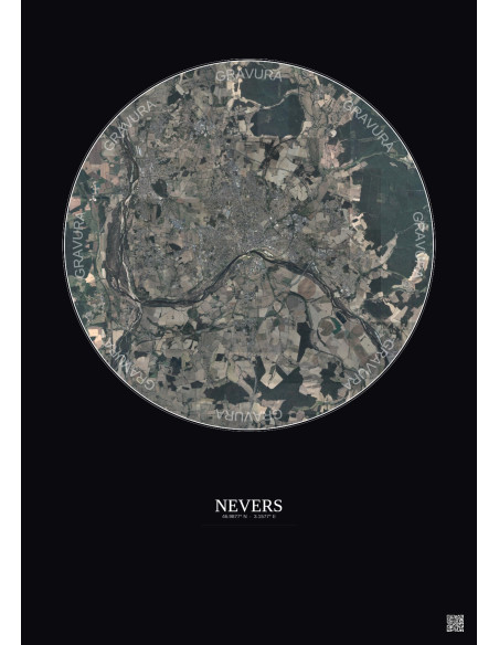 Nevers Satellite View Poster 10km Color | Gravura – Dark background