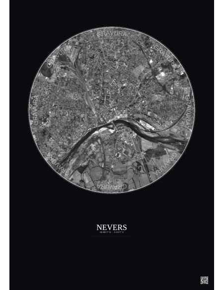 Nevers Satellite View Poster 2.5km B&W | Gravura – Dark background