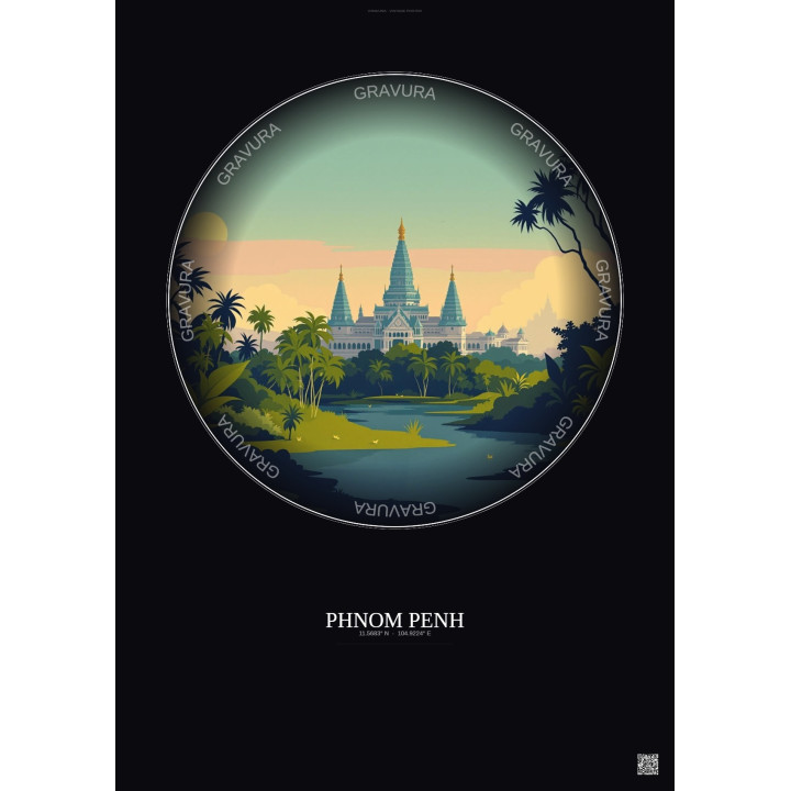 Affiche Phnom Penh – Poster illustration vintage – Phnom Penh | Gravura – Fond foncé