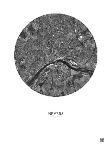 Affiche Nevers – Poster vue satellite 2.5km N&B | Gravura – Fond clair