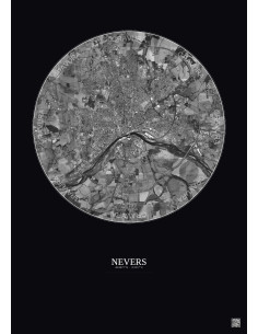 Affiche Nevers – Poster vue satellite 5km N&B | Gravura – Fond foncé