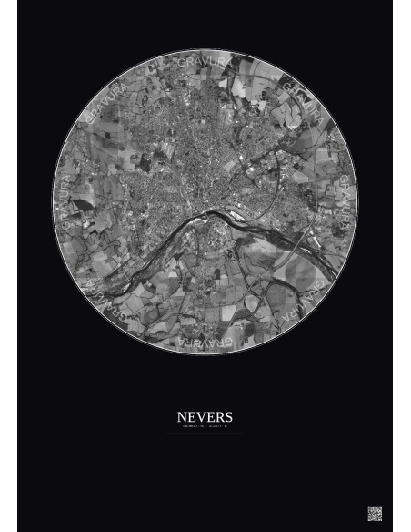 Affiche Nevers – Poster vue satellite 5km N&B | Gravura – Fond foncé