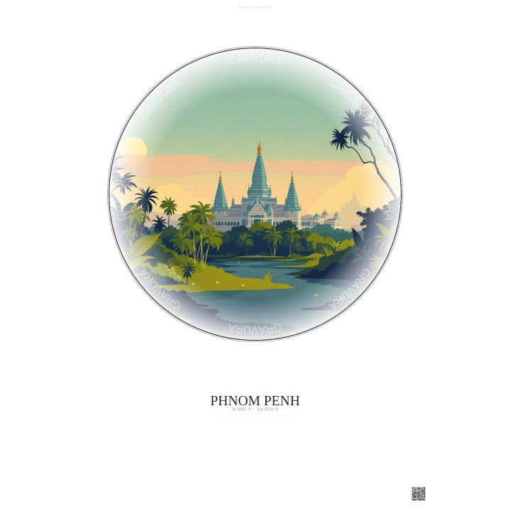 Affiche Phnom Penh – Poster illustration vintage – Phnom Penh | Gravura – Fond clair
