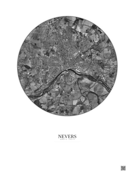 Nevers Satellite View Poster 5km B&W | Gravura – Light background