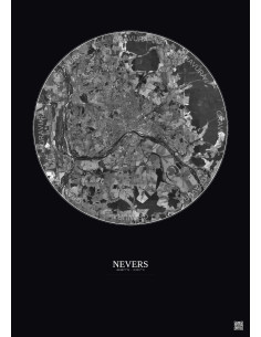 Affiche Nevers – Poster vue satellite 10km N&B | Gravura – Fond foncé