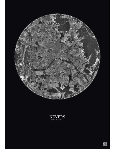 Affiche Nevers – Poster vue satellite 10km N&B | Gravura – Fond foncé