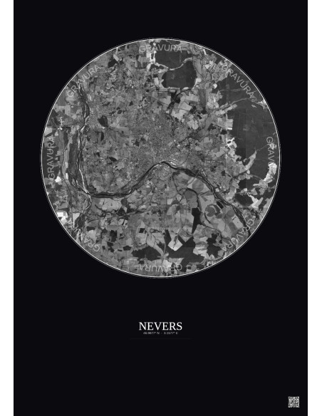 Affiche Nevers – Poster vue satellite 10km N&B | Gravura – Fond foncé