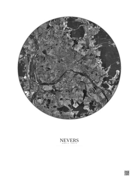 Affiche Nevers – Poster vue satellite 10km N&B | Gravura – Fond clair