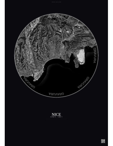 Affiche Nice – Poster vue satellite 10km N&B | Gravura – Fond foncé