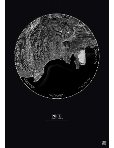 Affiche Nice – Poster vue satellite 10km N&B | Gravura – Fond foncé